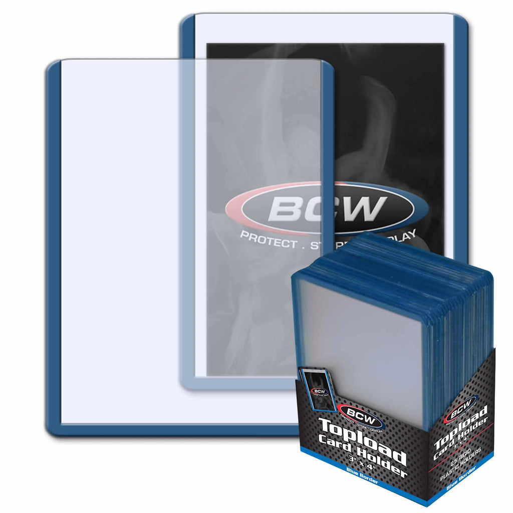 Collection of BCW card holders and a display case on a white background