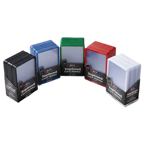 Collection of BCW Topload Card Holders in various colors on a white background
