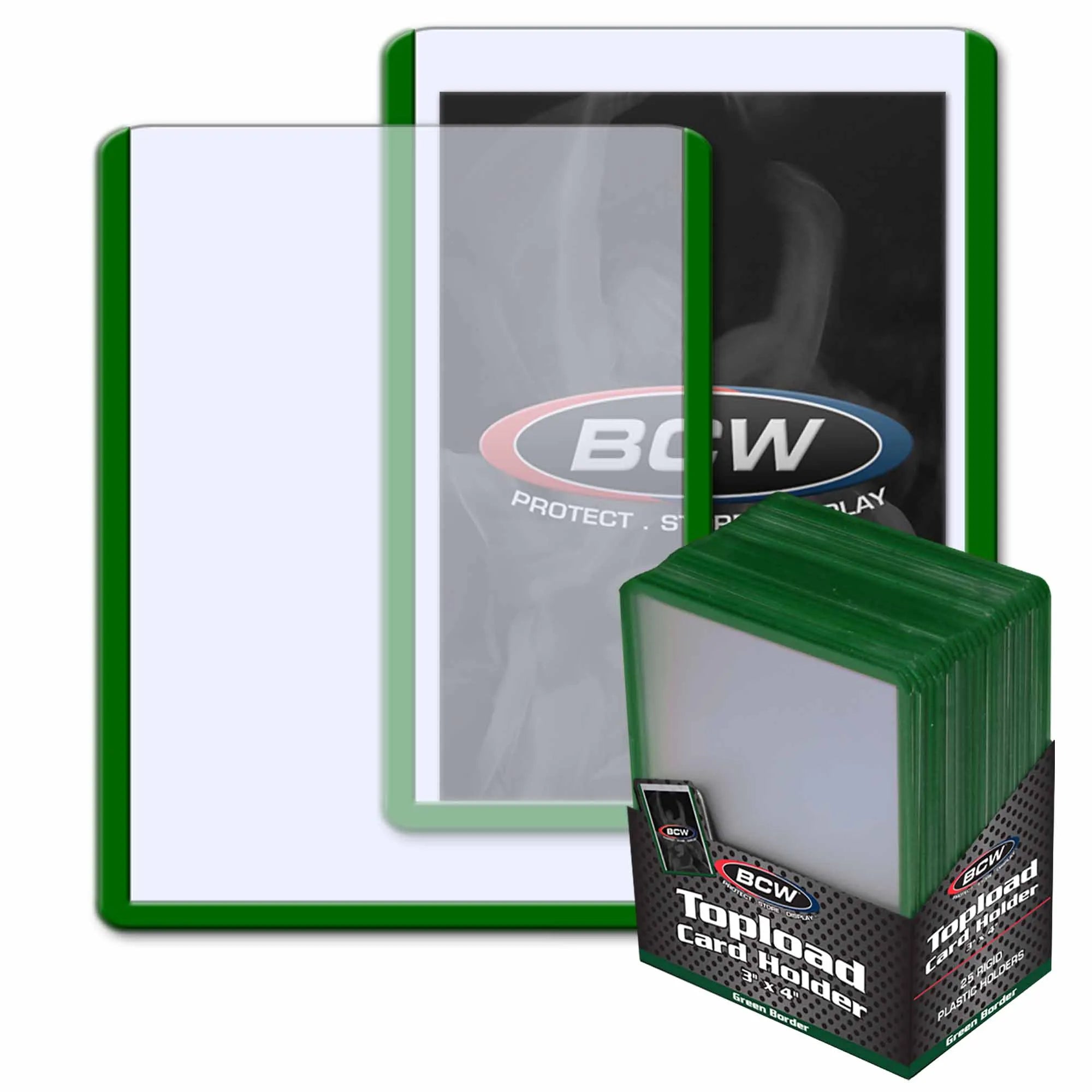 Green card holder with BCW logo on a white background