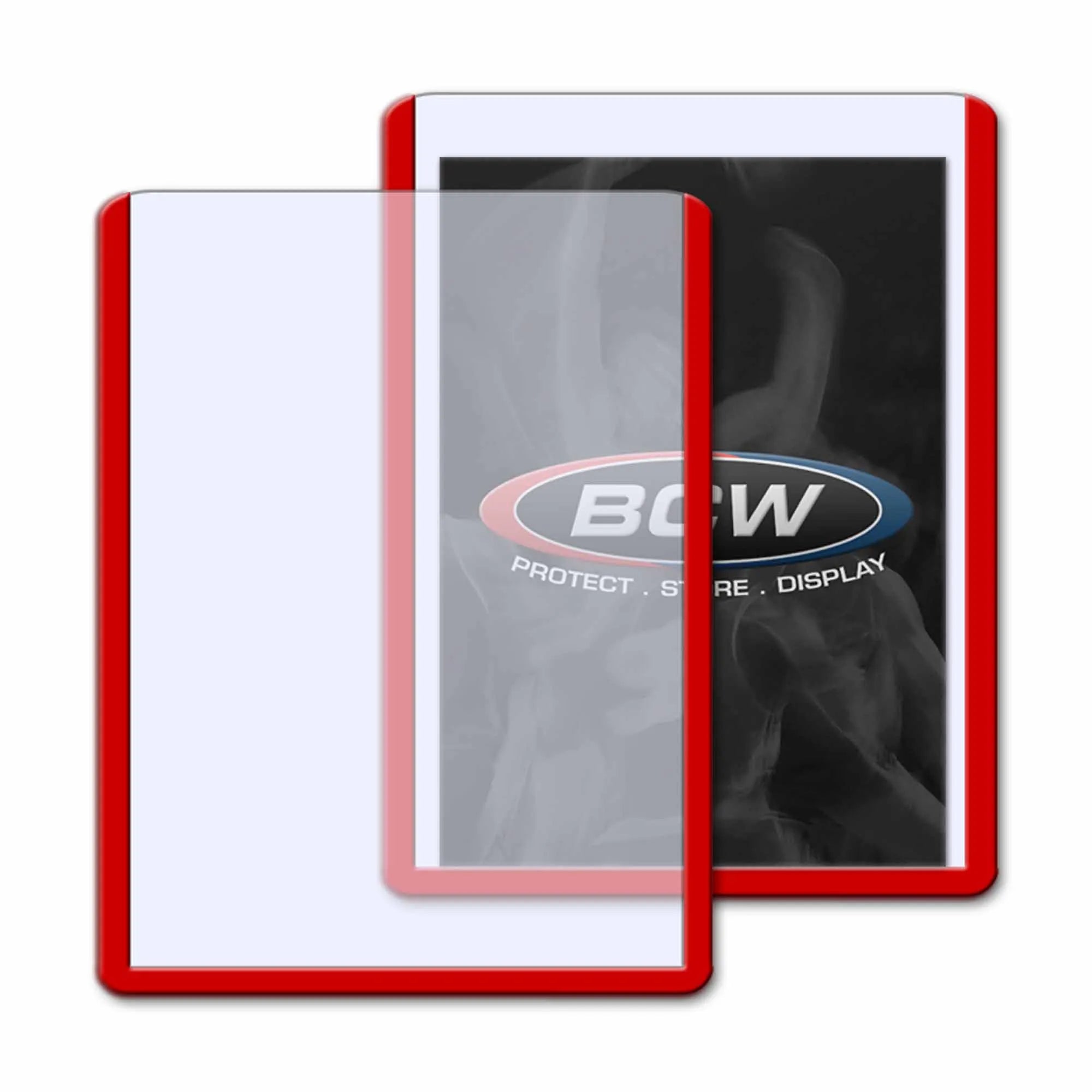 Two screen protectors with a red frame on a white background, featuring the BCW logo.
