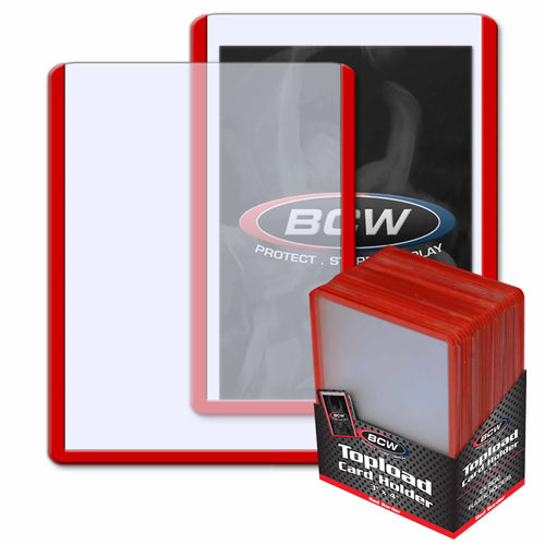 BCW card holder with clear plastic cover and stack of red card holders on a white background
