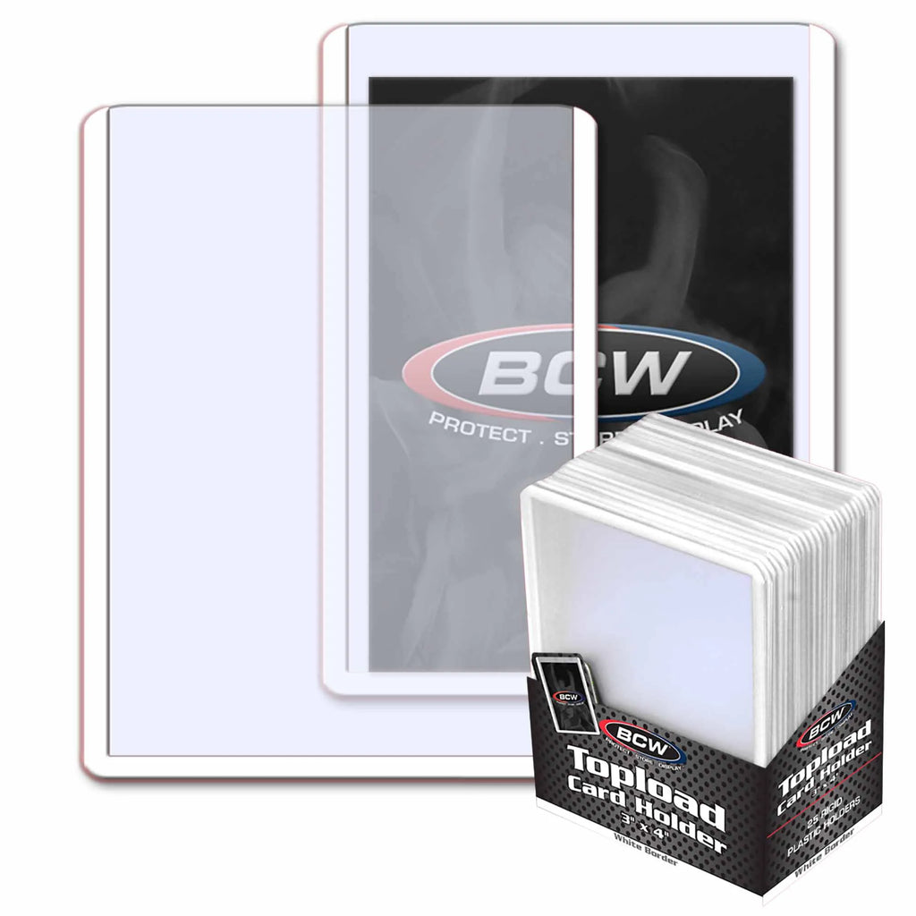 Pack of trading card protectors with a clear card display case and BCW branding.