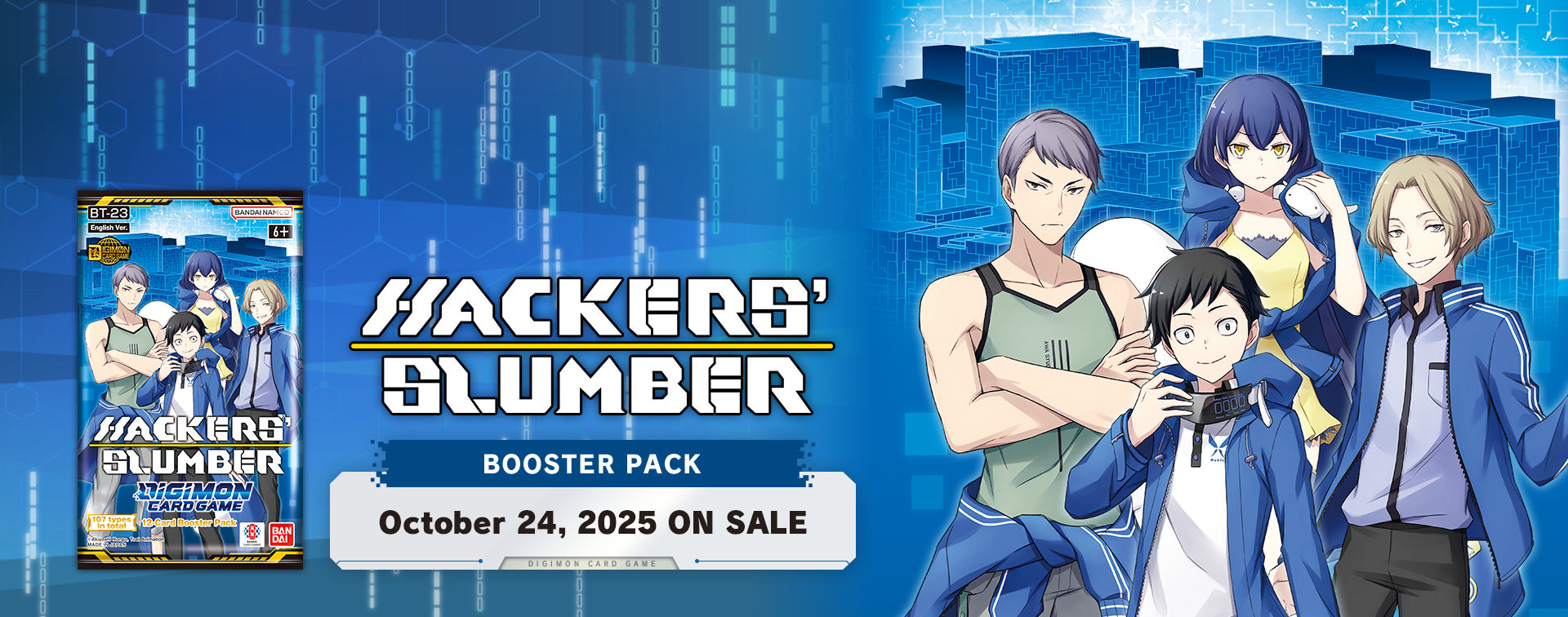 Promotional banner for 'Hackers' Slumber' booster pack with characters and release date.