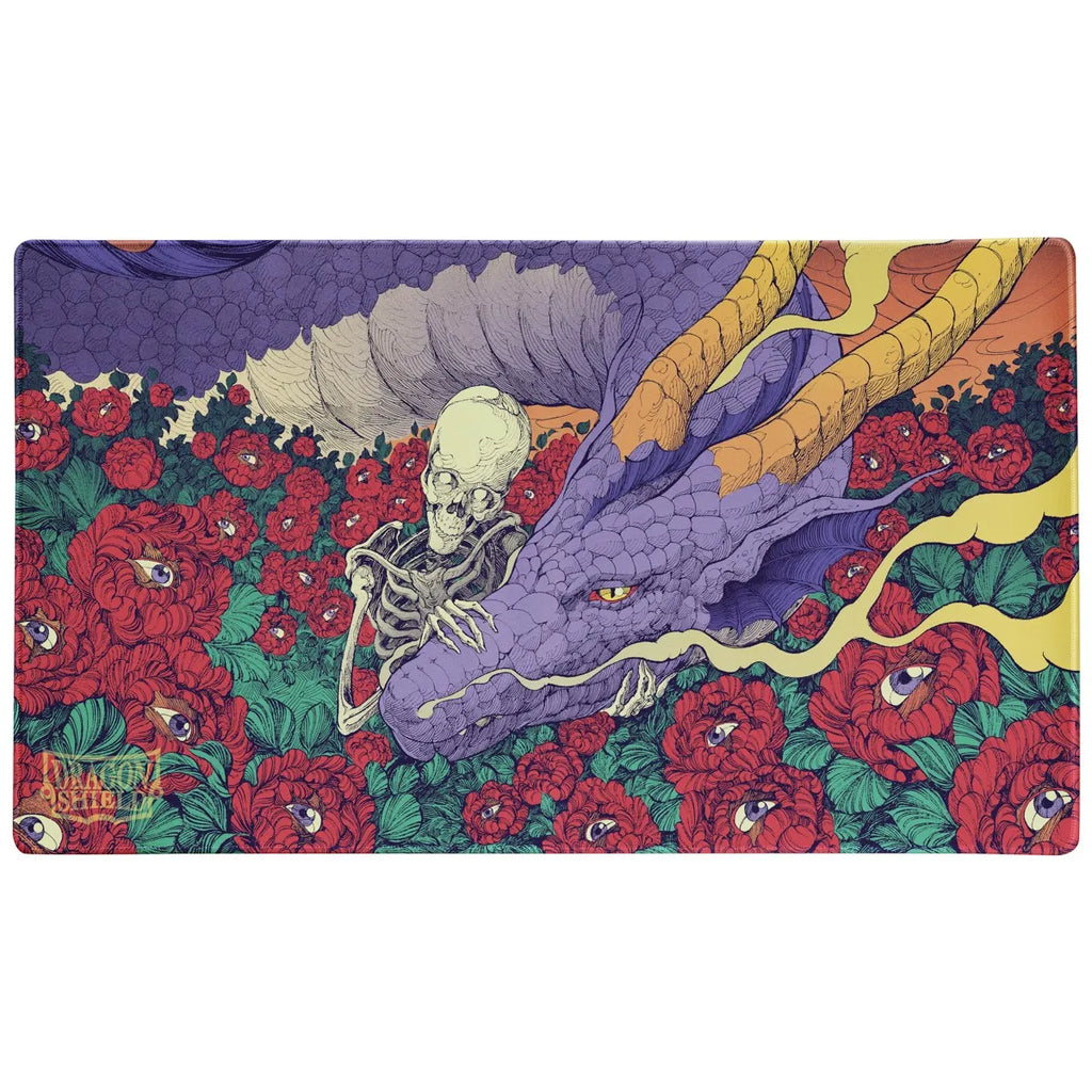 A rectangular art print or card featuring a surreal illustration of a purple dragon with yellow wings, a white skull, and a field of red roses with green leaves on a white background.