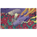 A rectangular art print or card featuring a surreal illustration of a purple dragon with yellow wings, a white skull, and a field of red roses with green leaves on a white background.