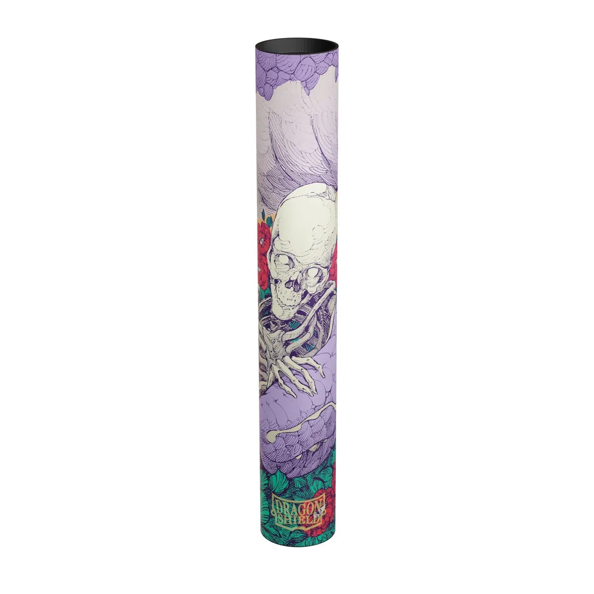 A tall, narrow cylindrical product featuring a detailed graphic print of a skeleton wrapped in a purple flower, with red roses and a green patterned base, set against a plain white background.