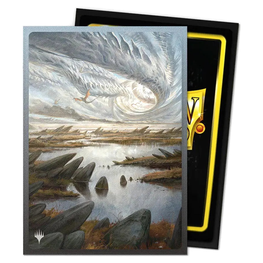 Dragon Shield Sleeve with a fantasy landscape design on a black card 