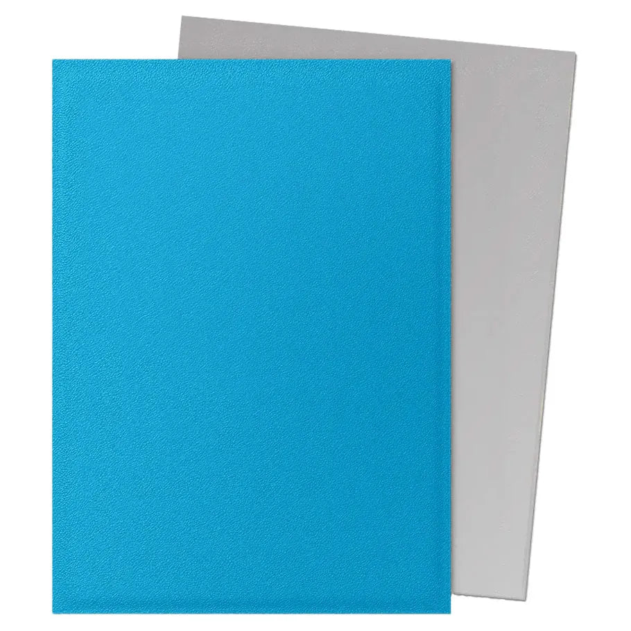 Two sheets of paper, one blue and one gray, on a white background