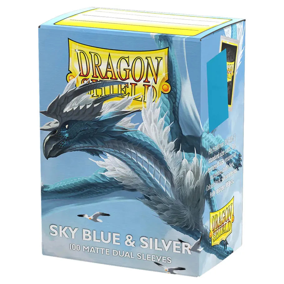 Dragon Shield sleeves packaging with a blue and silver dragon design on a white background