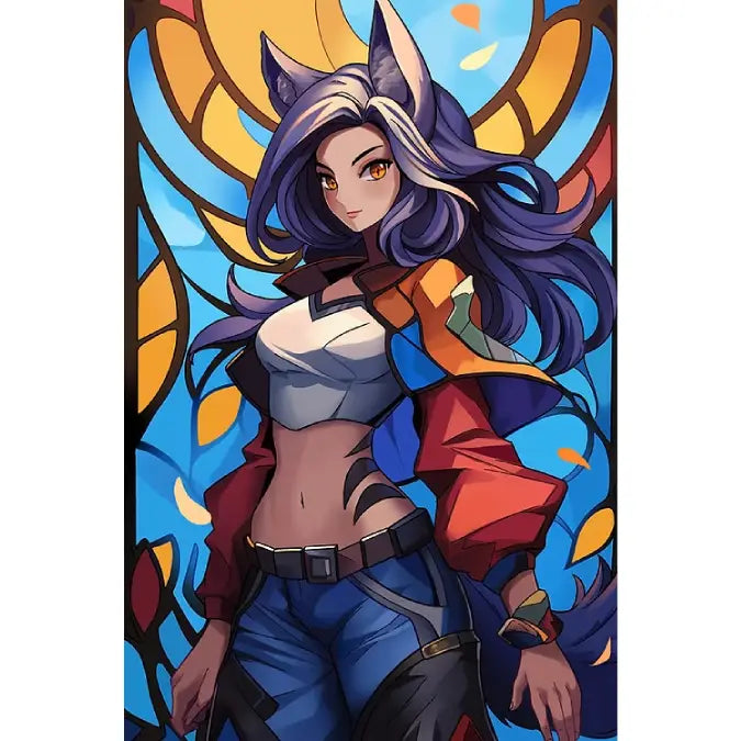 Stylized digital illustration of a female fantasy character with pointed ears, long purple hair, and a multicolored outfit, set against a stained-glass-like blue, yellow, and orange background.