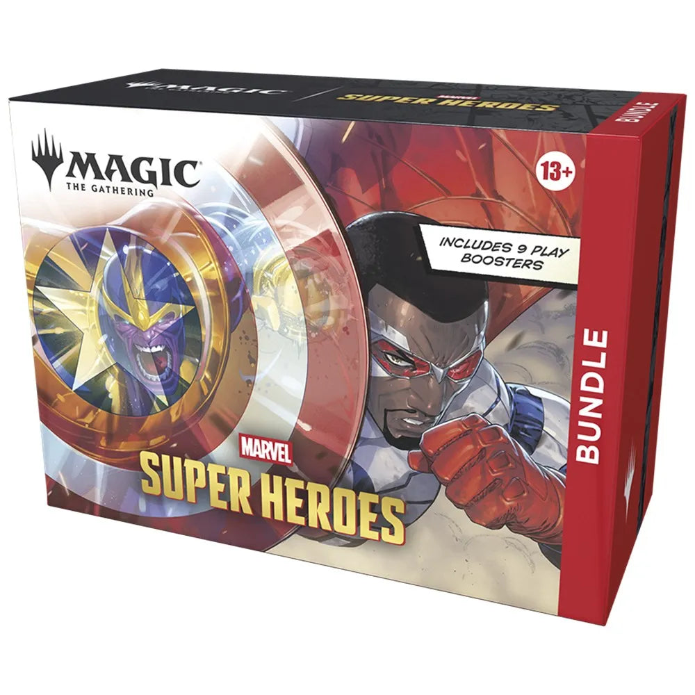 Box of 'Magic: The Gathering' Marvel Super Heroes bundle with superhero graphic on packaging.