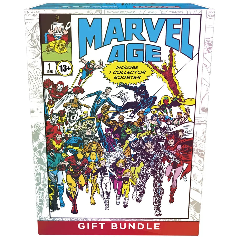 Marvel Age gift bundle packaging with superhero characters on a white background