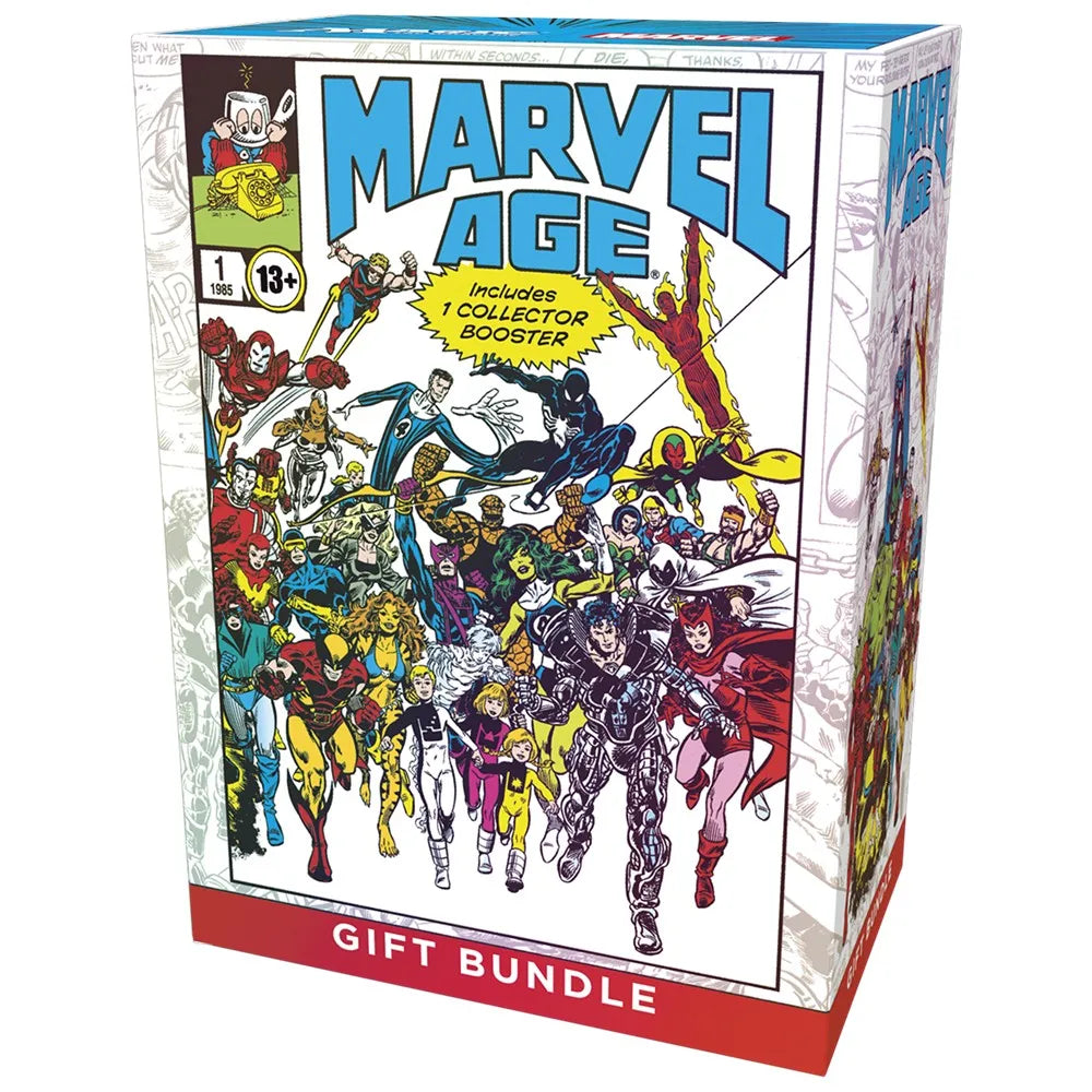 Marvel Age gift bundle packaging with superhero illustrations on a white background