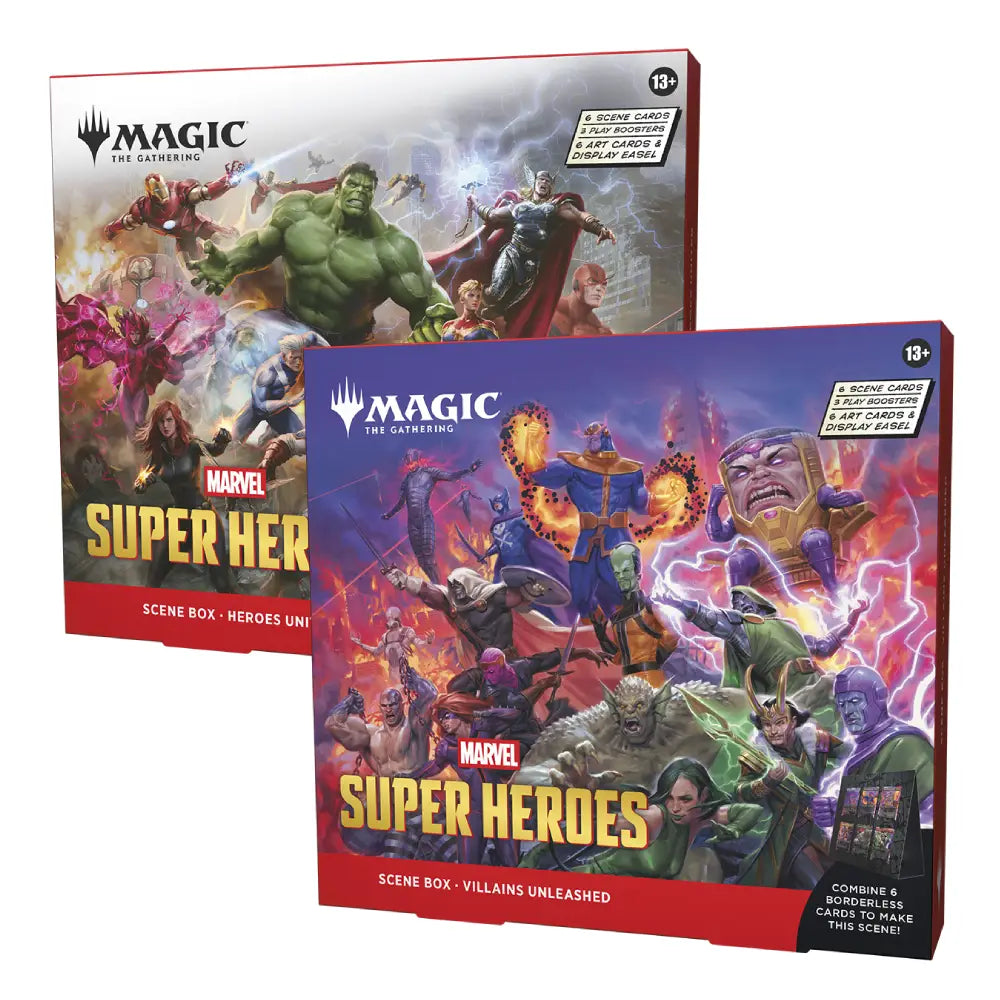 Two 'Magic: The Gathering' Marvel Super Heroes scene boxes on a white background