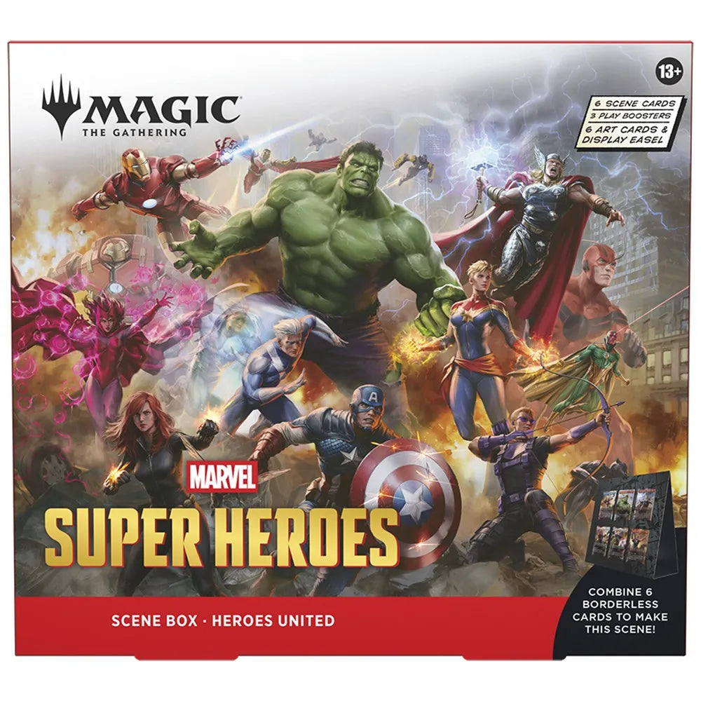 Marvel Super Heroes scene box for Magic: The Gathering with various characters on a dynamic background.