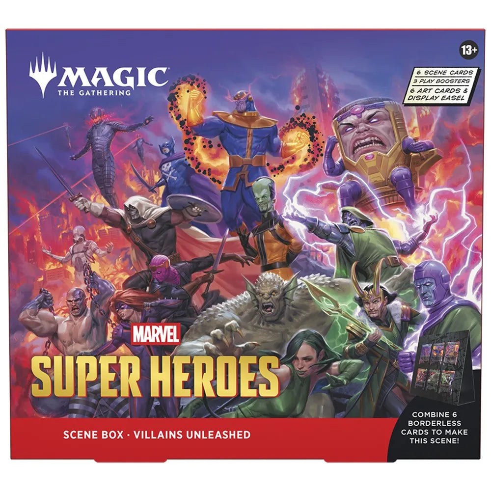 Cover of 'Magic: The Gathering' Marvel Super Heroes scene box featuring various characters.