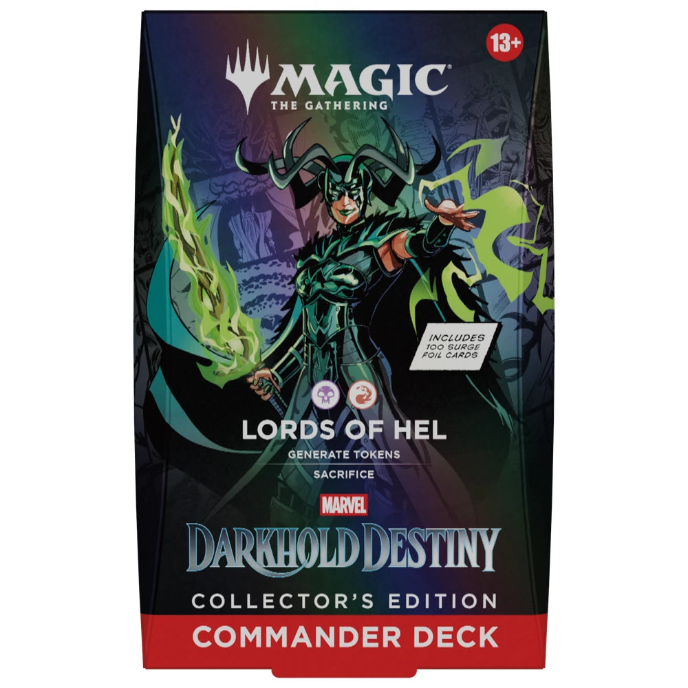 Magic: The Gathering Darkhold Destiny Collector's Edition Commander Deck box art featuring a dark fantasy illustration of a horned figure with green energy effects, with Magic branding and Marvel logo visible.