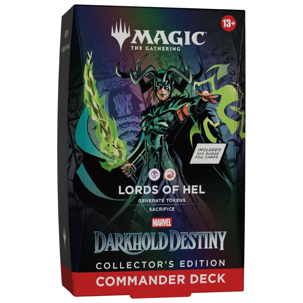 Magic: The Gathering Darkhold Destiny Collector's Edition Commander Deck box featuring Marvel artwork of Lord of Hel with green energy effects on a dark illustrated background.