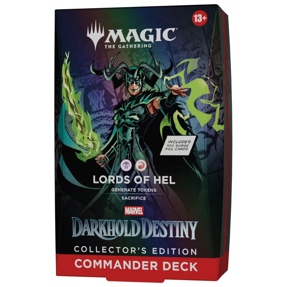 Magic: The Gathering Darkhold Destiny Collector's Edition Commander Deck box featuring a dark fantasy illustration of the Sacrifice character with green energy effects and red base text.