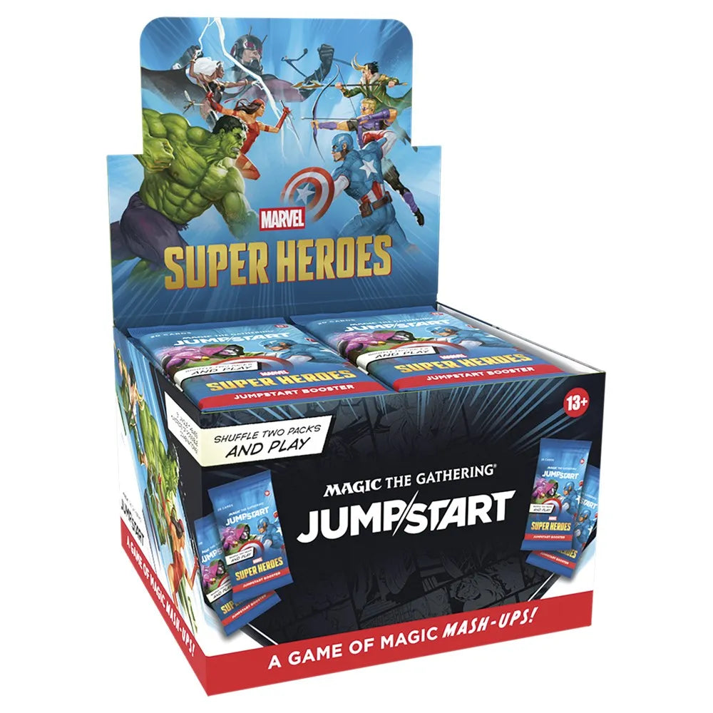 Marvel Super Heroes trading card game box with superhero illustrations on a white background