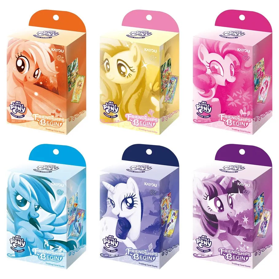 Set of six My Little Pony figurine packaging boxes in different colors.