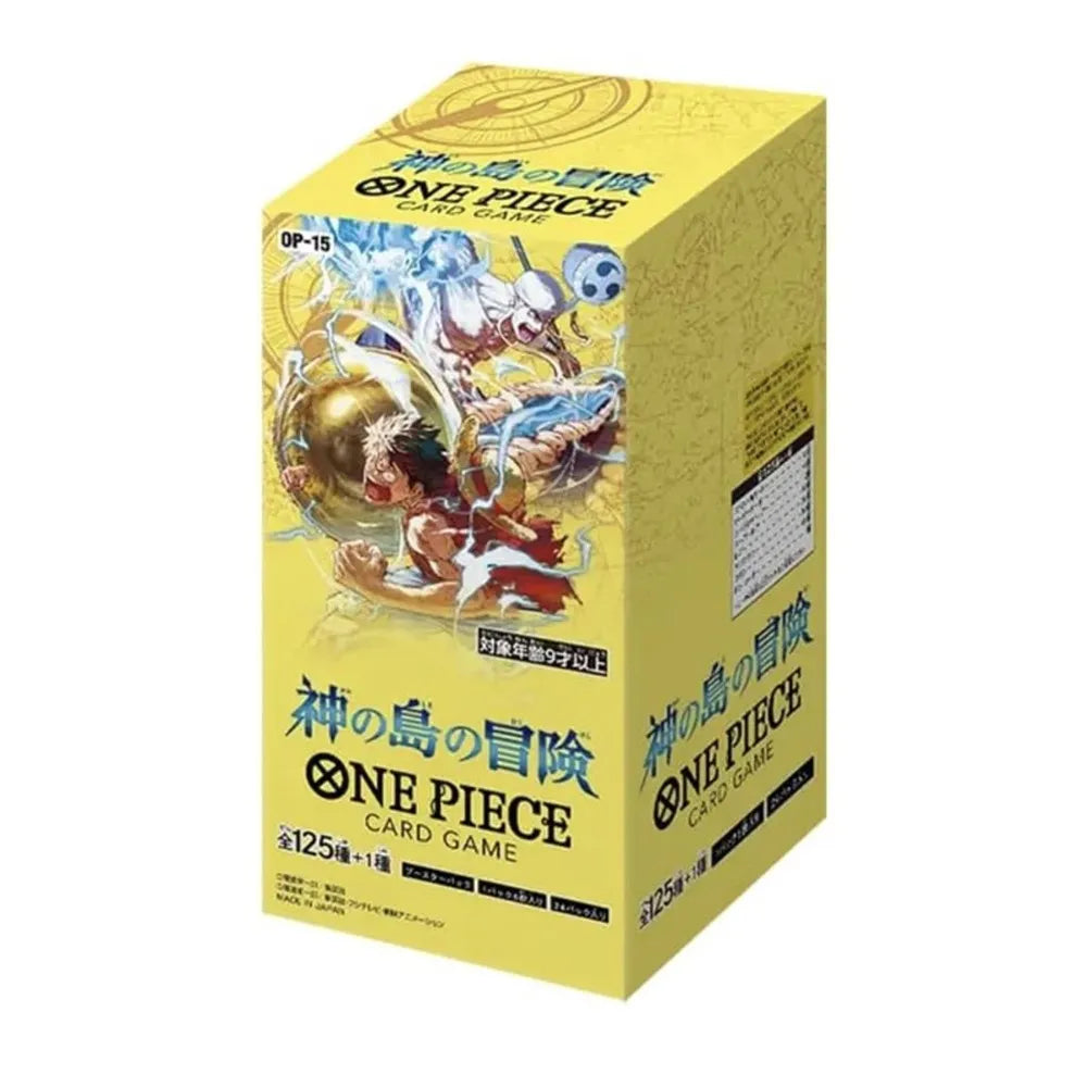Japanese One Piece TCG Adventure on Kami’s Island OP-15 Booster Box sealed with 24 booster packs showing character illustration on a yellow background