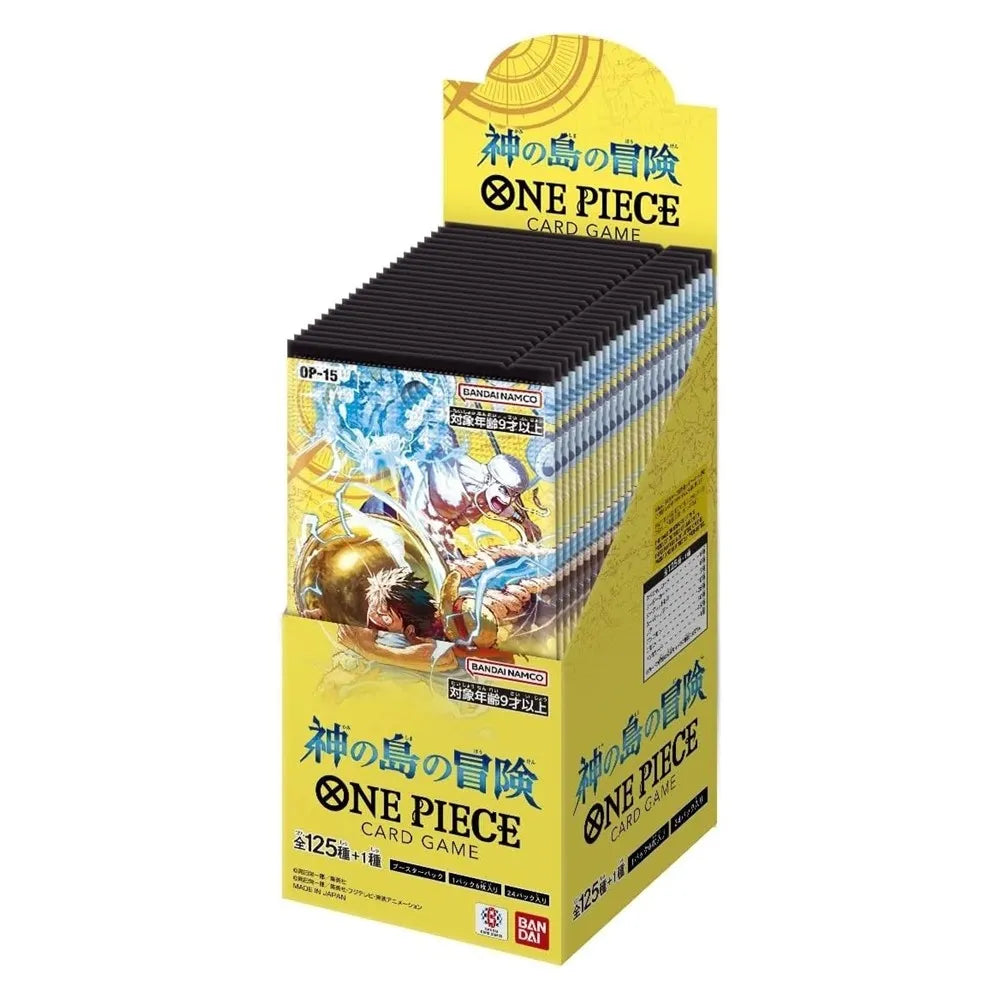 Japanese One Piece TCG Adventure on Kami’s Island OP-15 Booster Box sealed with 24 booster packs showing character illustration on a yellow background