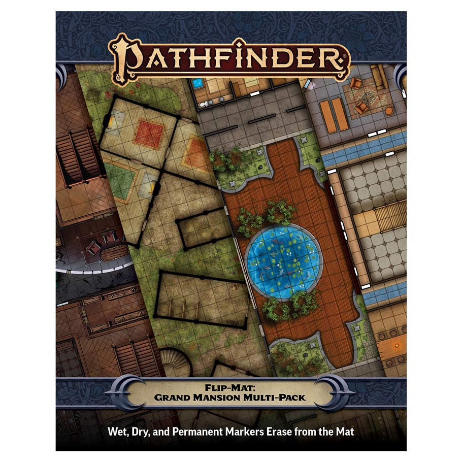 Pathfinder flip mat packaging with map design on a white background