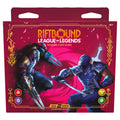 Riftbound League of Legends trading card game packaging with two characters facing each other on a red background.