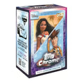 Topps Chrome 2026 Disney Cars trading card box featuring Moana and Woody, with Disney Cars and Topps Chrome branding visible on the front and side panels.
