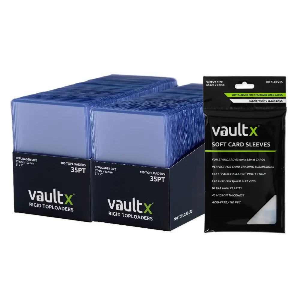 Vaultx card storage products including boxes and sleeves on a white background