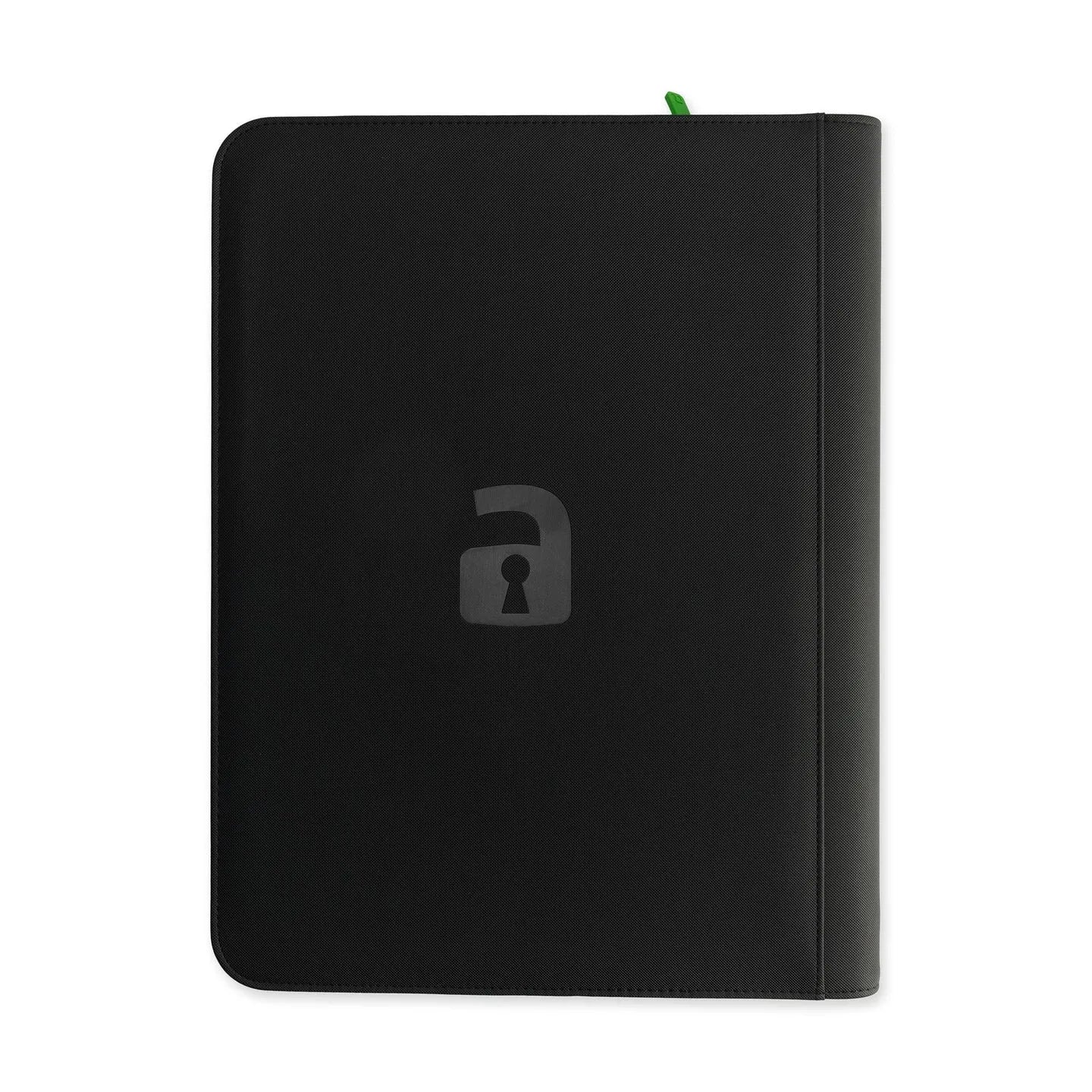 Black notebook with a logo on a white background