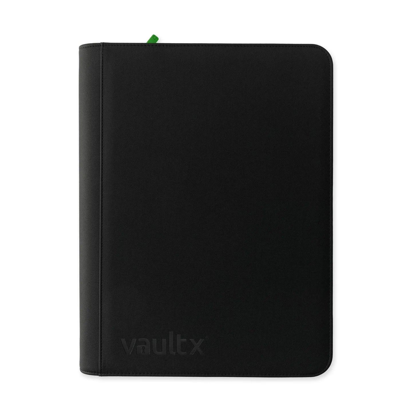 Black notebook with 'vaultx' branding on a white background