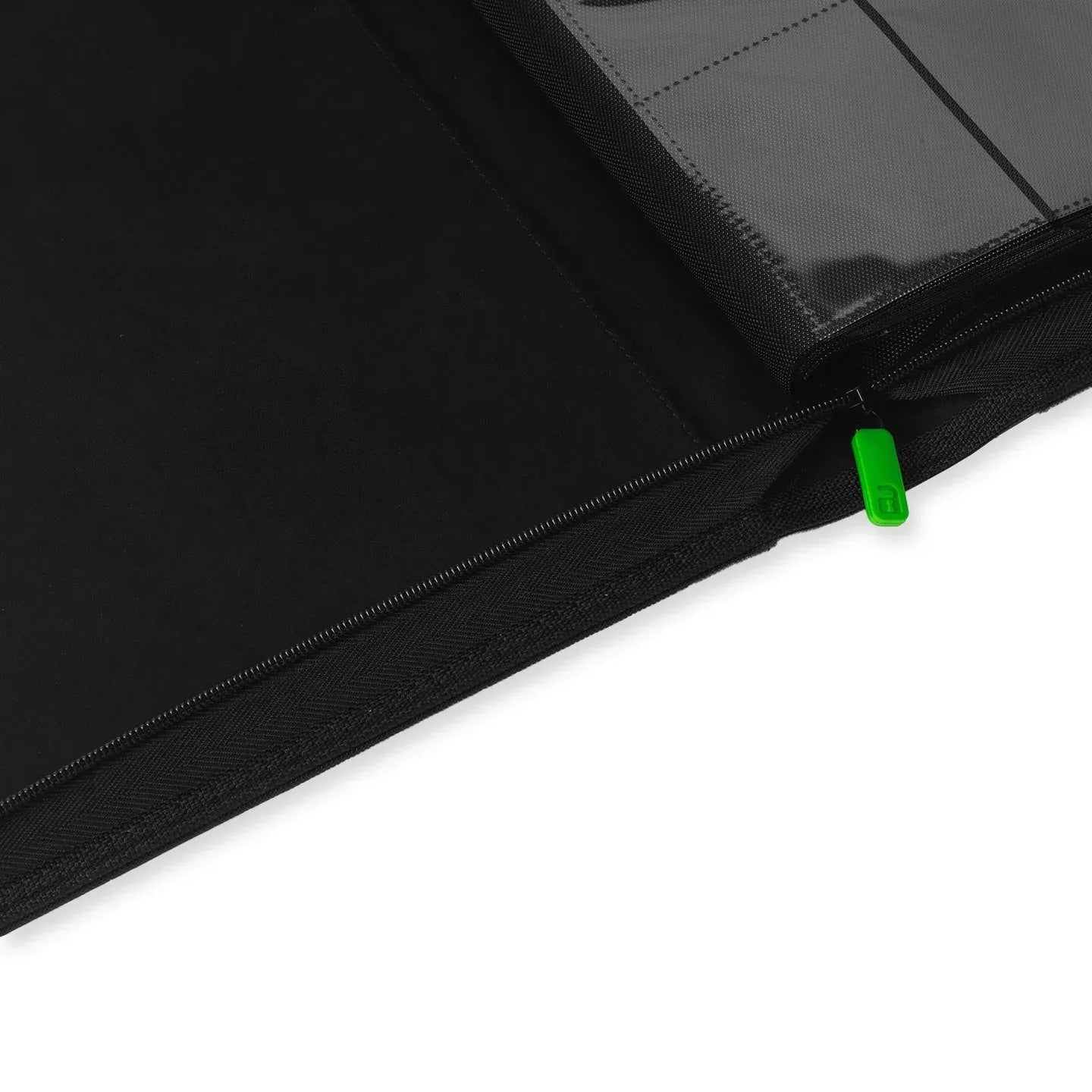 Close-up for the inside of the binder with a green zipper on a white background
