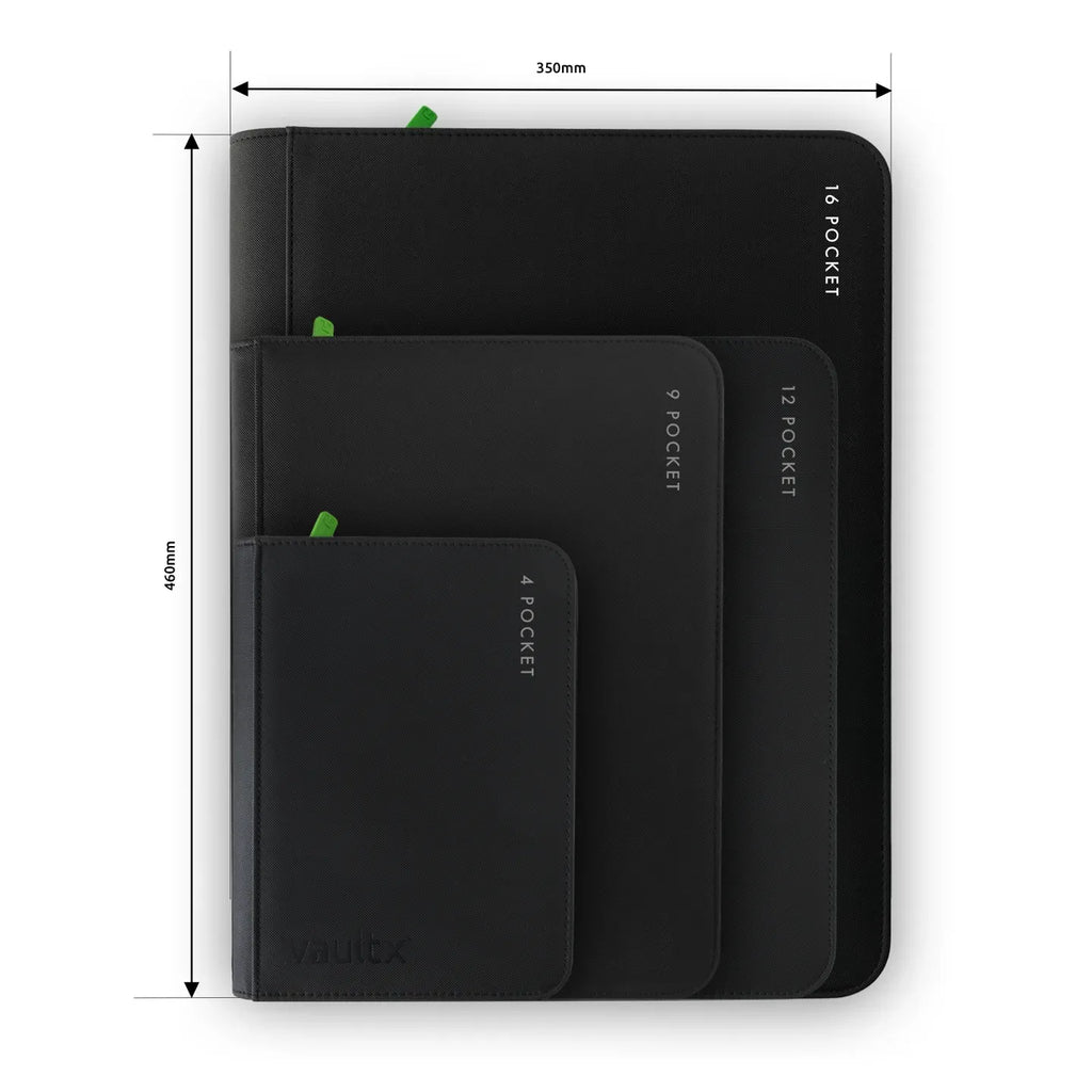 4 black binders with pocket and dimensions on a white background