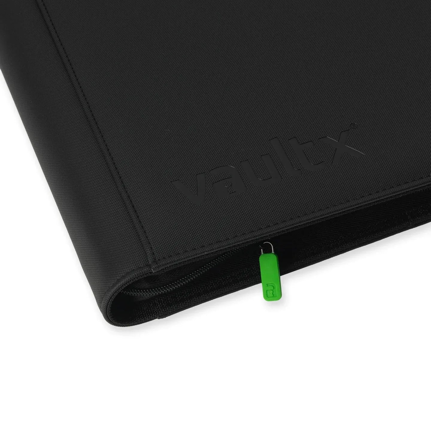Black folder with a green tag on a white background