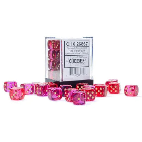 Chessex: Gemini Translucent Red-Violet with Gold - 36 [d6 Cube 12mm] Chessex Manufacturing