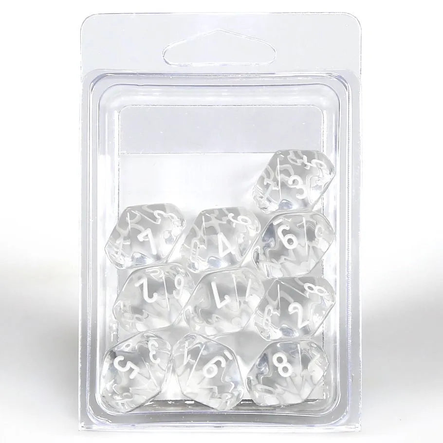 Chessex: Translucent Clear with White - 10 [d10 Clamshell]