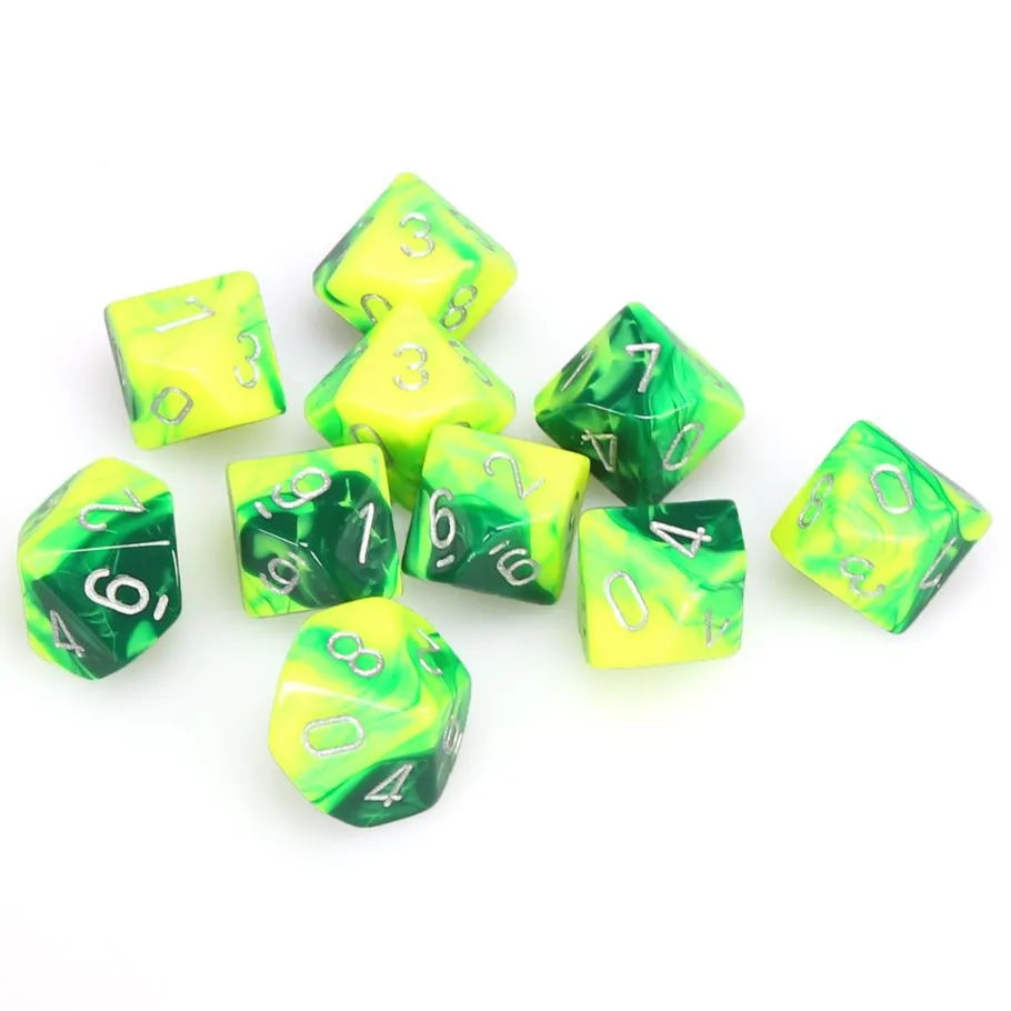 Chessex: Gemini Green and Yellow with Silver - 10 [d10 Clamshell]