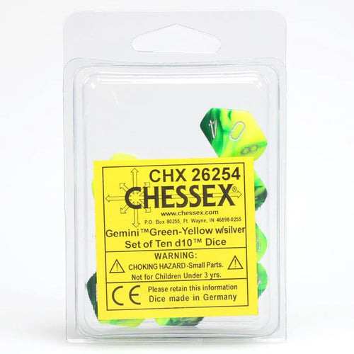 Chessex: Gemini Green and Yellow with Silver - 10 [d10 Clamshell] Chessex Manufacturing