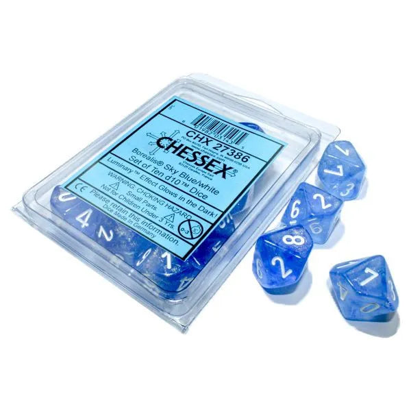 Chessex: Borealis Luminary Sky Blue with White - 10 [d10 Clamshell]