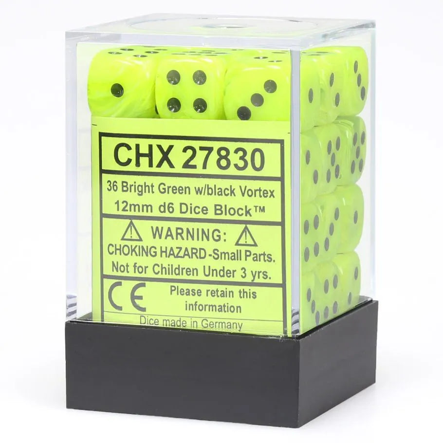 Chessex: Vortex Bright Green with Black - 36 [d6 Cube 12mm]