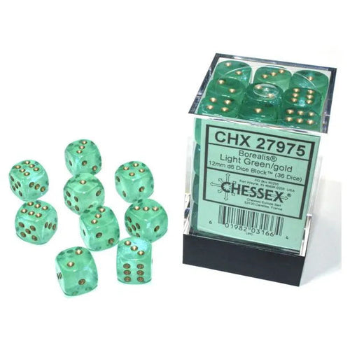 Chessex: Luminary Nebula Light Green with Gold - 36 [d6 Cube 12mm] Chessex Manufacturing