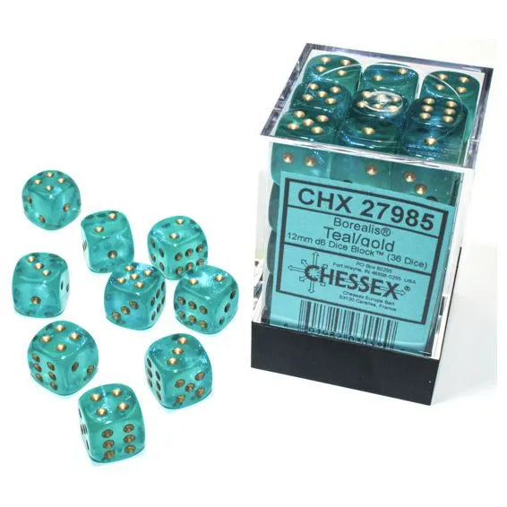 Chessex: Luminary Nebula Teal with Gold - 36 [d6 Cube 12mm]