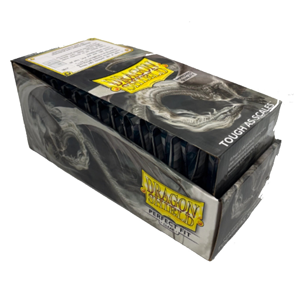 Box of Dragon Shield card sleeves with a clear window on a white background