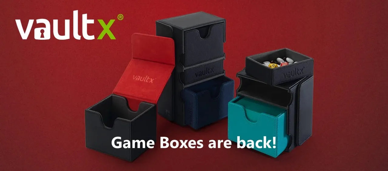 Vaultx game boxes on a red background with the text 'Game Boxes are back!'.
