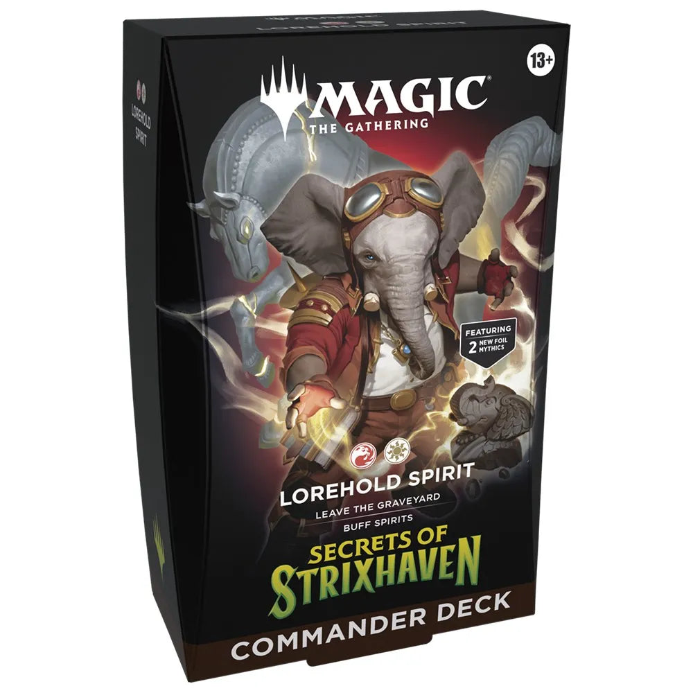 Card game box for 'Secrets of Strixhaven' featuring a character with an elephant-like creature.