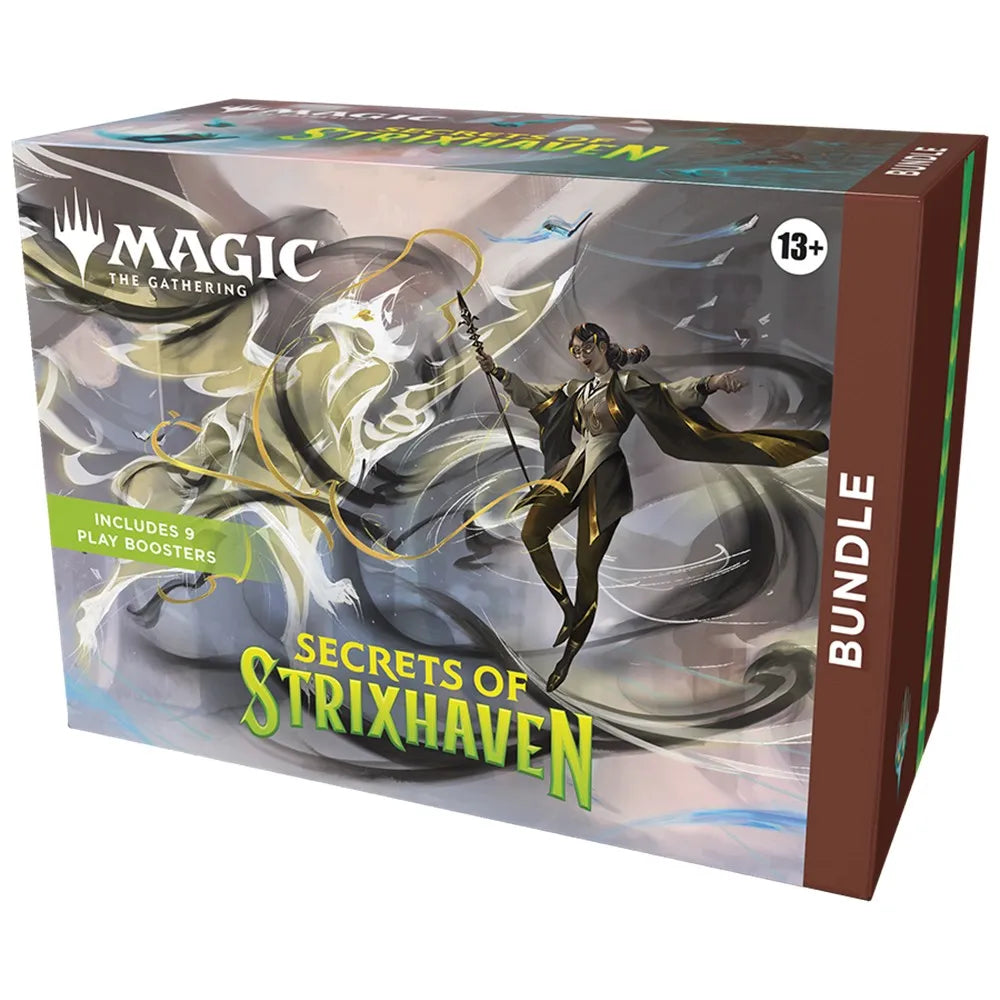 Box for 'Secrets of Strixhaven' bundle from Magic: The Gathering with character illustration and game text.