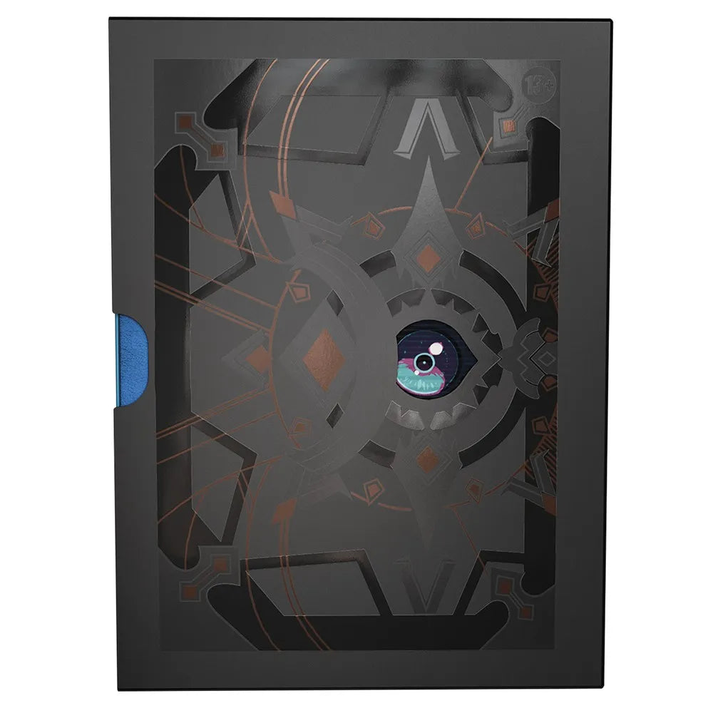 Black geometric-patterned box with a blue label on a white background