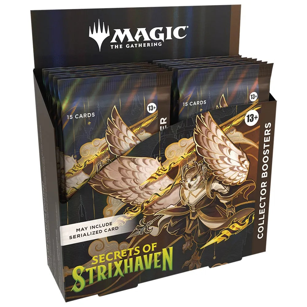 Display of 'Secrets of Strixhaven' trading card booster packs with 'Magic: The Gathering' branding.